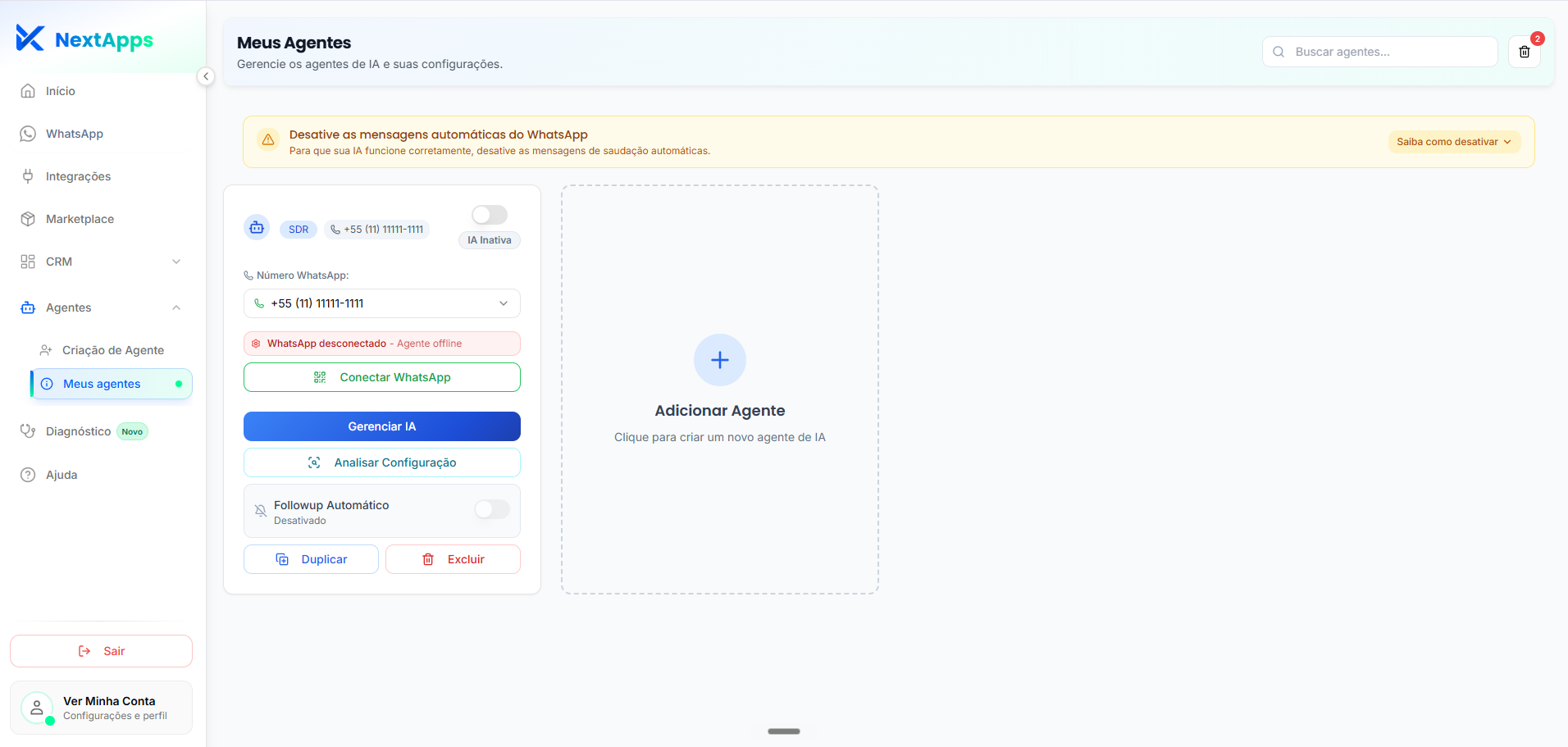 Plataforma NextApps — Configuração de agentes