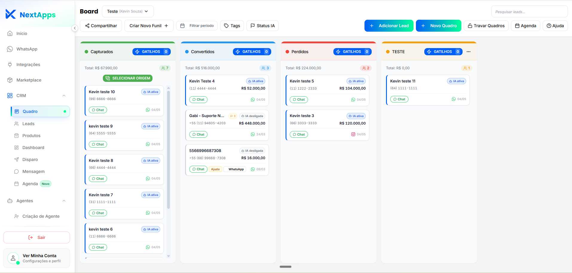Plataforma NextApps — Board de leads em pipeline